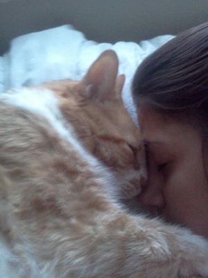 Garfield snuggling with me